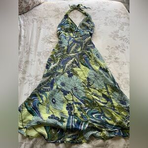 Vintage Green Floral Chiffon Halter Midi Dress 10 Fairycore Whimsical Nymph Fae